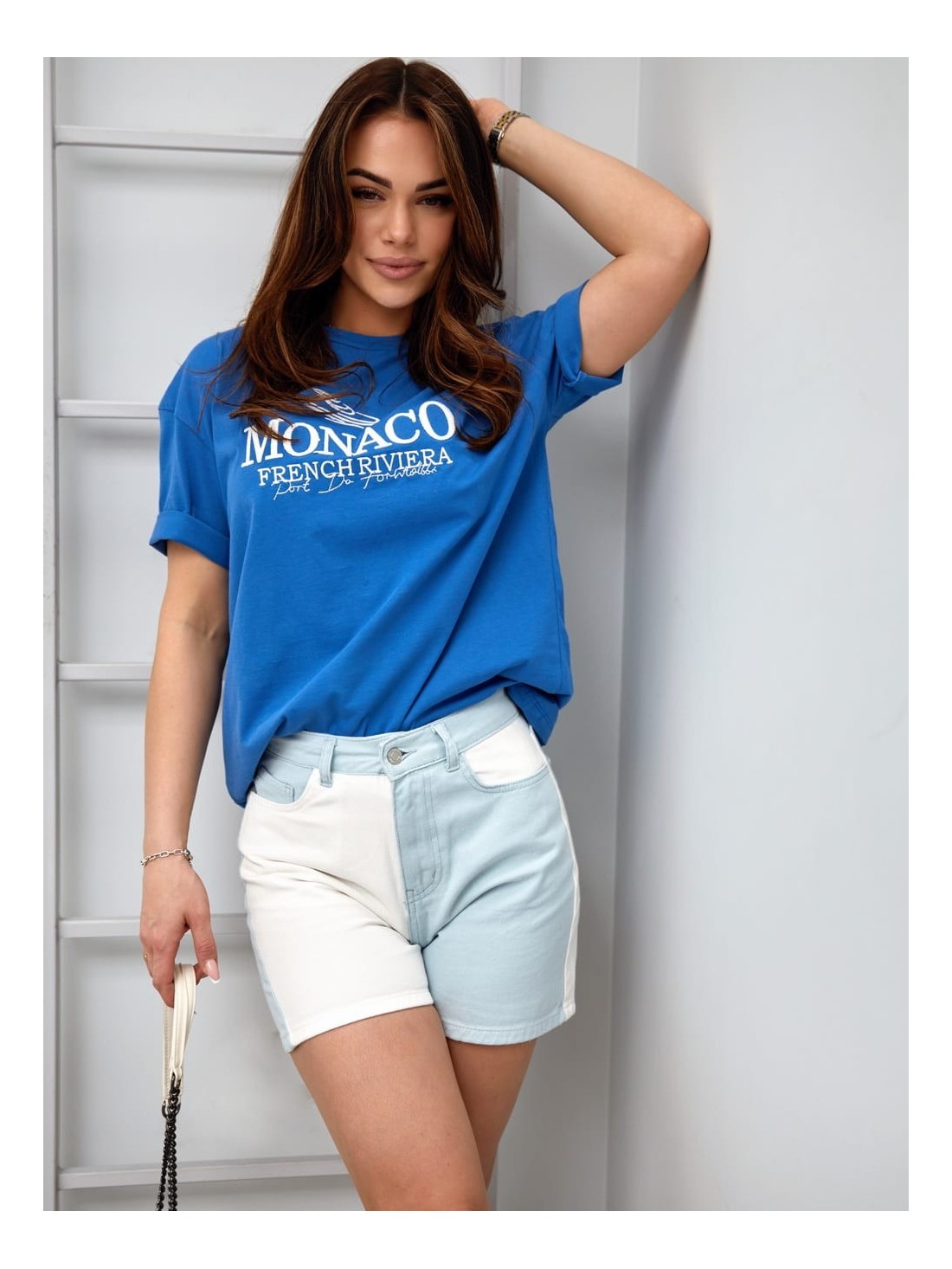 Two-color high-waisted denim shorts, light blue 70010 - Online store - Boutique